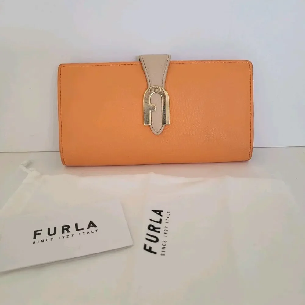 Furla Sofia Grainy Leather‎ Wallet Large Italian Bifold Large Orange Long Design